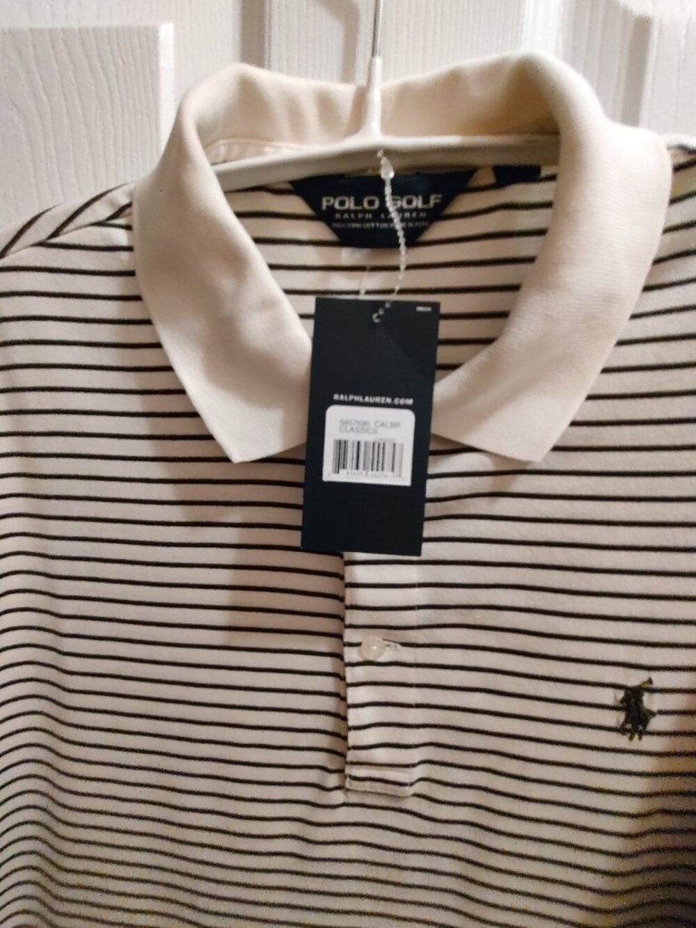 POLO GOLF RALPH LAUREN POLO SHIRT PIMA COTTON IVORY NAVY STRIPE 3-BUTTON MEDIUM
